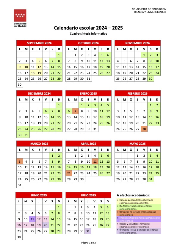 Calendario escolar Getafe 2024